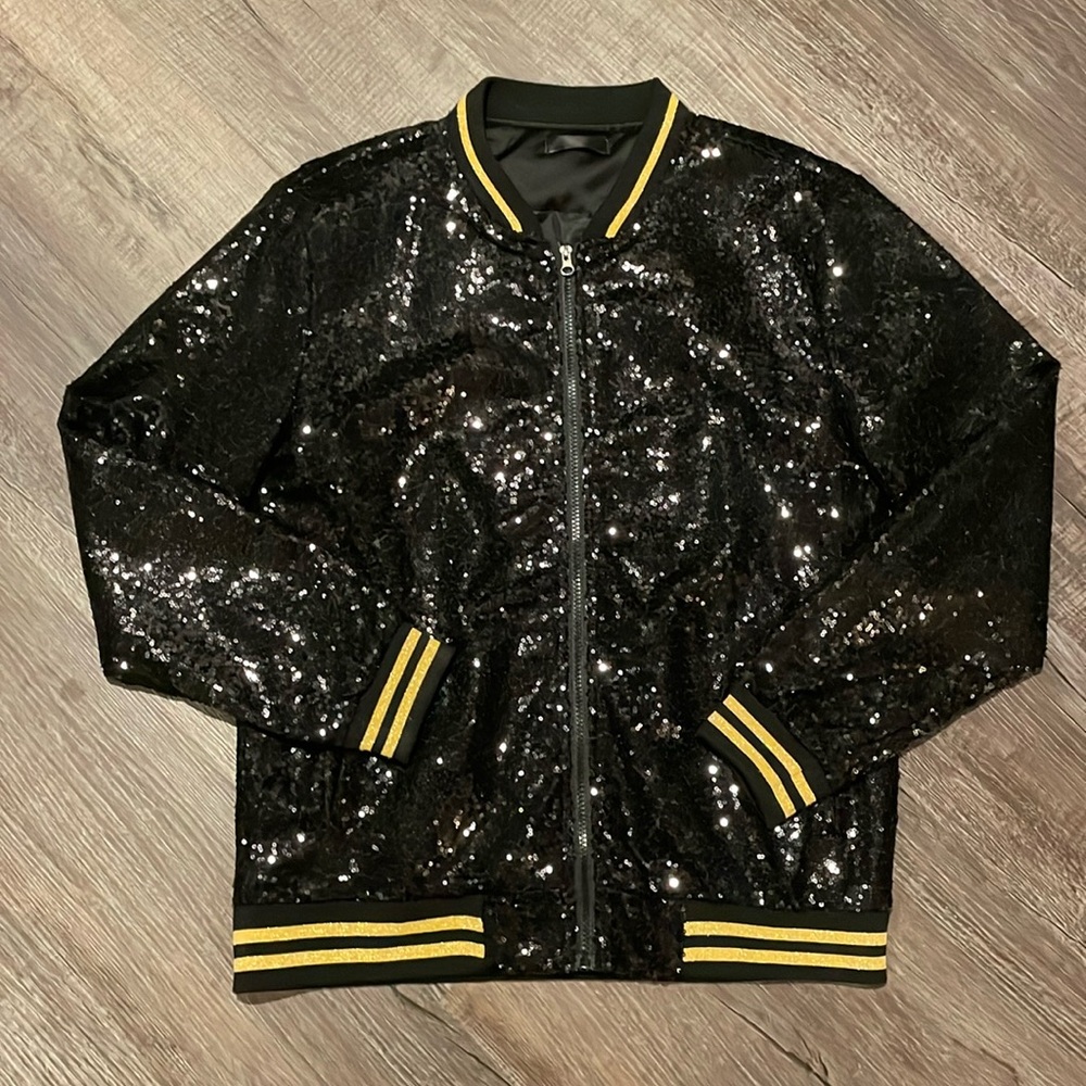 Black Sequin Bomber Jacket with Yellow Stripes